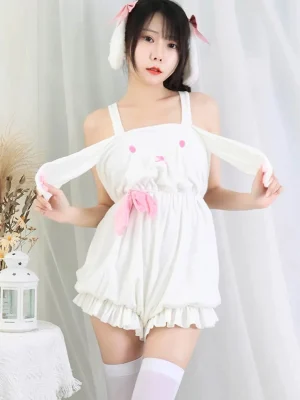 white-cute-bunny-plush-overalls-1 cute plush pajamas