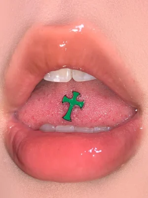 Body-Jewellery-Green-Cross-Tongue Stud-1 body piercing jewellery