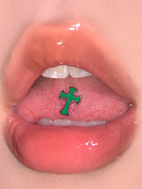 Body-Jewellery-Green-Cross-Tongue Stud-1 body piercing jewellery