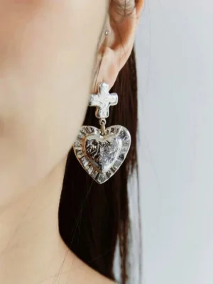 heart-cross-asymmetry-sliver-earrings-1 heart shaped earrings