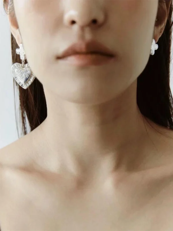 heart-cross-asymmetry-sliver-earrings-3 heart shaped earrings