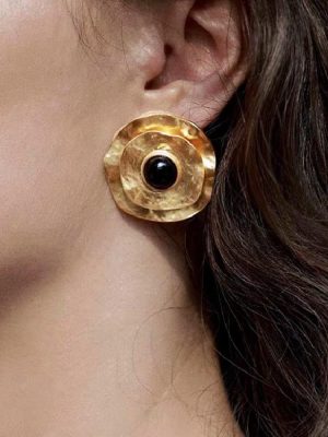 retro-earrings-black-agate-flying-saucer-1 gold earrings