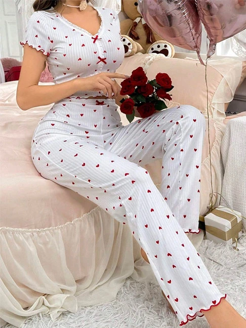 cotton-sleepwear-cute-bows-hearts-set-3 womens loungewear