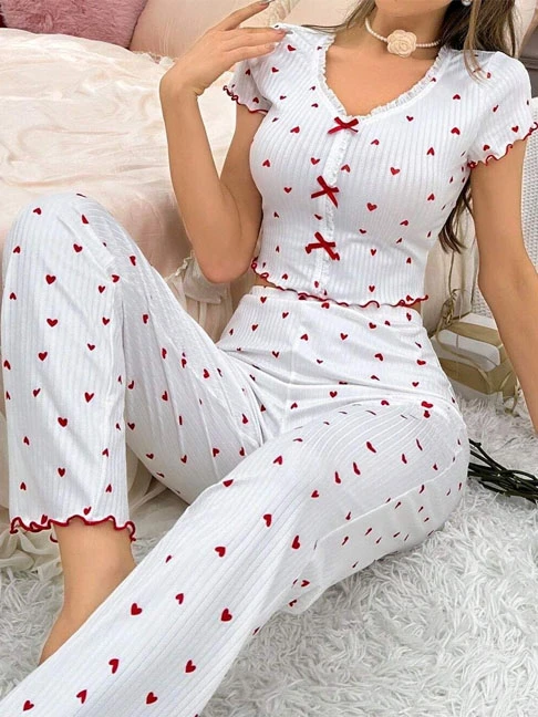 cotton-sleepwear-cute-bows-hearts-set-4 womens loungewear