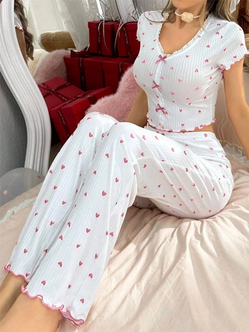 cotton-sleepwear-cute-bows-hearts-set-8 womens loungewear