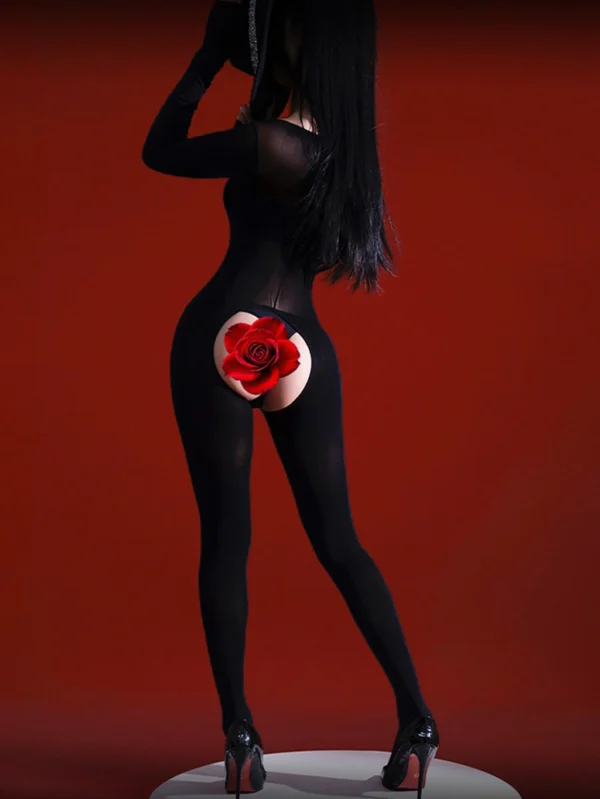 sexy-bodystocking-bownot-hollow-stocking-4 women's sexy bowknot hollow-out open crotch bodystocking sheer lace bodysuit with cutout design and bow detail lingerie