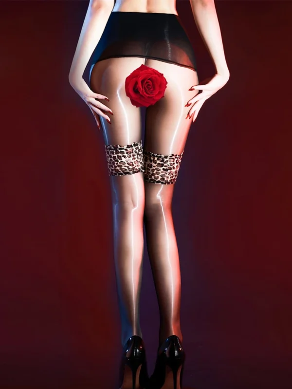 sexy-stockings-shiny-leopard-pantyhose-2 Shiny leopard pantyhose for women glossy wet-look animal print hosiery with metallic sheen and sheer fabric