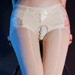sexy-stockings-waist-lace-crotchless-tights-6 beige open crotch sheer stocking lingerie hosiery with pearl string