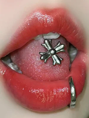 body-jeweller-cross-tongue-stud-1 Silver gothic cross design tongue stud model shot