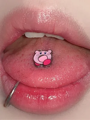 body-jeweller-cute-tongue-stud-3 Bubbleoo cute pink animal tongue stud worn in mouth