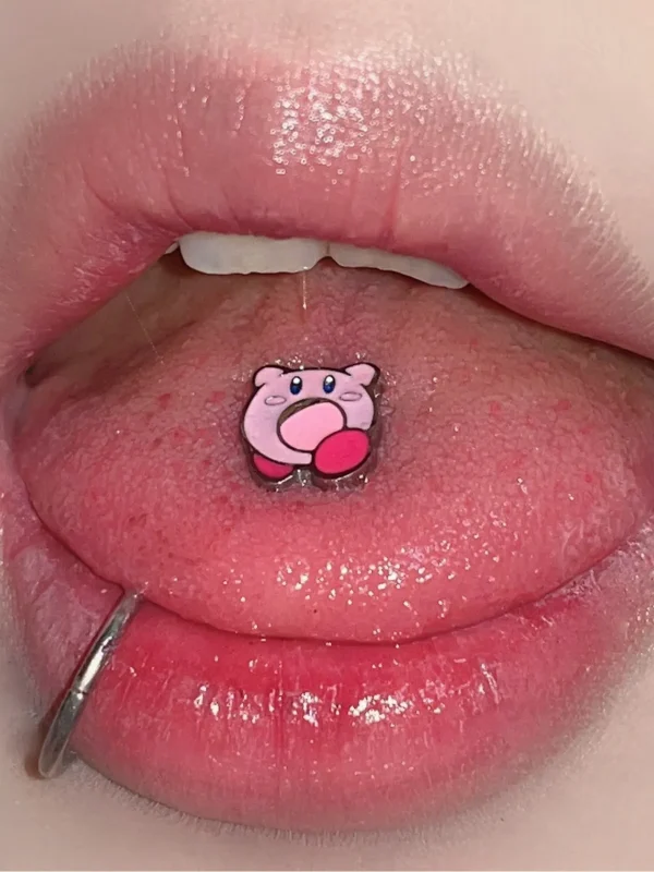 body-jeweller-cute-tongue-stud-3 Bubbleoo cute pink animal tongue stud worn in mouth