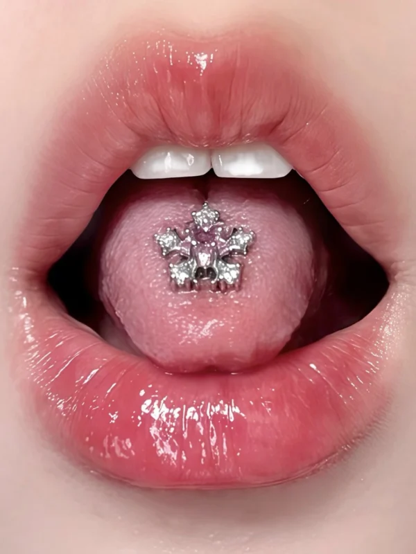 body-jeweller-snowflake-tongue-stud-1 Silver snowflake design tongue stud model shot