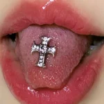 body-jewellery-cross-tongue-stud-2 Silver cross tongue stud model shot - Bubbleoo body jewelry