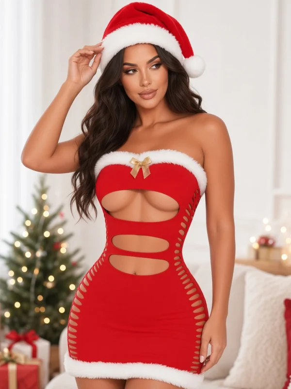 christmas-lingerie-hollow-dress-1 Stretchy fishnet Christmas outfit lingerie set