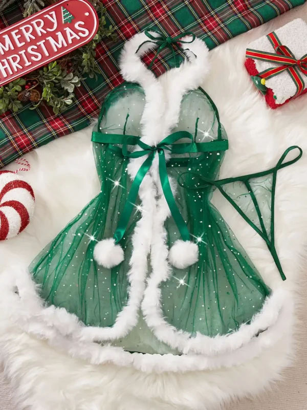 christmas-lingerie-mesh-babydoll-dress-5 Bubbleoo sheer Christmas outfit lingerie babydoll with fur trim
