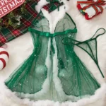 christmas-lingerie-mesh-babydoll-dress-6 Bubbleoo sheer Christmas outfit lingerie babydoll with fur trim