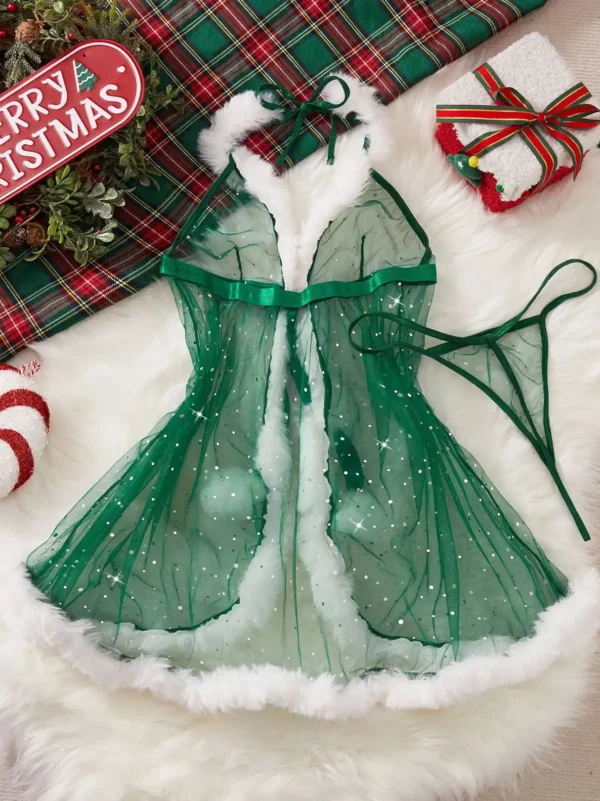 christmas-lingerie-mesh-babydoll-dress-6 Bubbleoo sheer Christmas outfit lingerie babydoll with fur trim