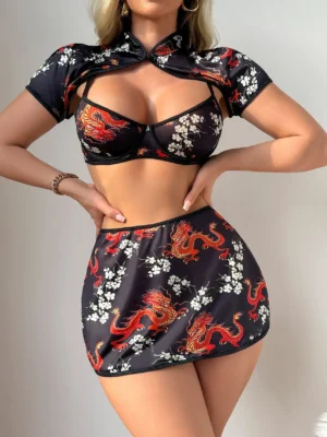 exotic-lingerie-top-and-skirt-1 Dragon print exotic lingerie skirt set