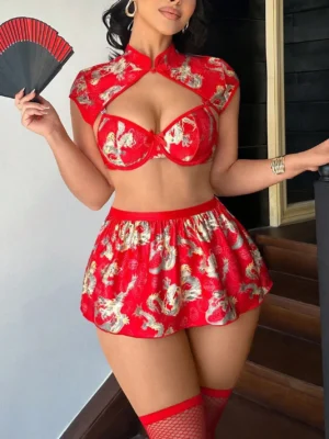 exotic-lingerie-top-and-skirt-set-1 Bubbleoo exotic lingerie red dragon qipao dress set